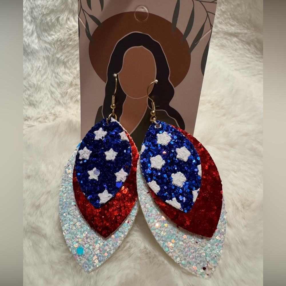 Patriotic Glitter Leather Leaf Earrings -Red, White & Blue- 4th of July - USA